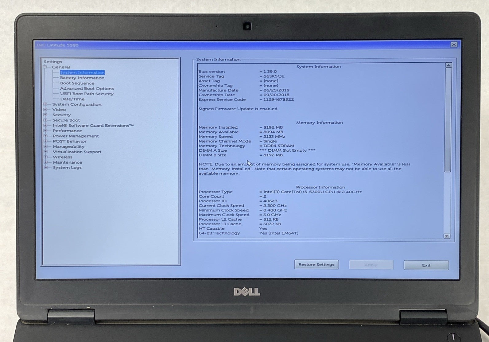 Dell Latitude 5580 Intel Core i5-6300U 2.40 GHz 8 GB RAM 15.6" No HDD No OS