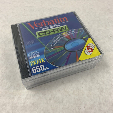 5 Pack Verbatim DataLifePlus CD-RW Recordable Disk 2x-4x Speed 650MB