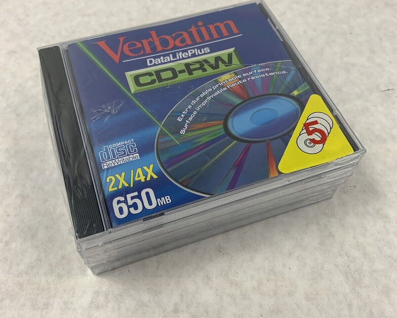 5 Pack Verbatim DataLifePlus CD-RW Recordable Disk 2x-4x Speed 650MB
