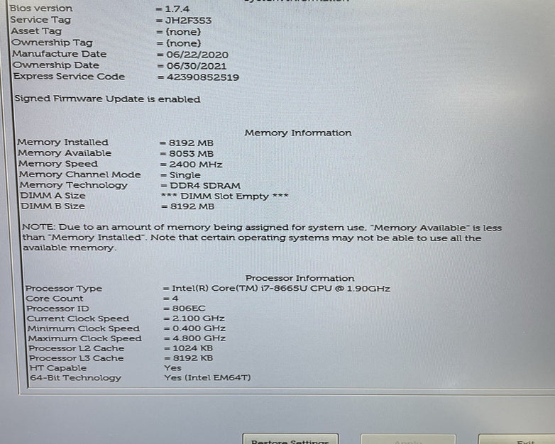 Dell Latitude 5400 14" i7-8665U 1.90 GHz 8 GB RAM No SSD/OS/AC - READ