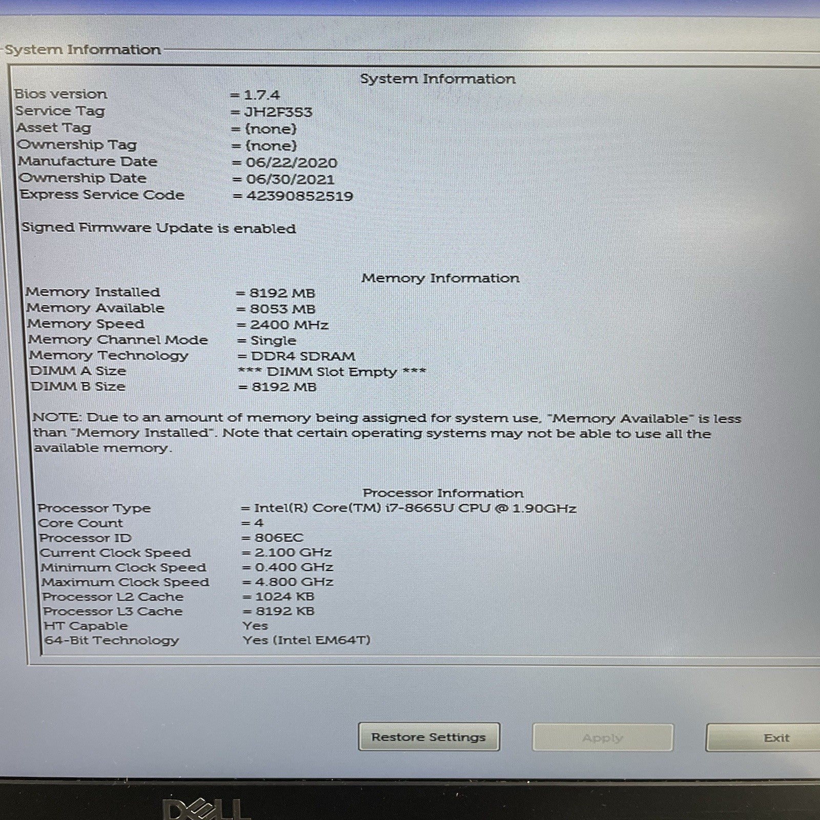 Dell Latitude 5400 14" i7-8665U 1.90 GHz 8 GB RAM No SSD/OS/AC - READ2