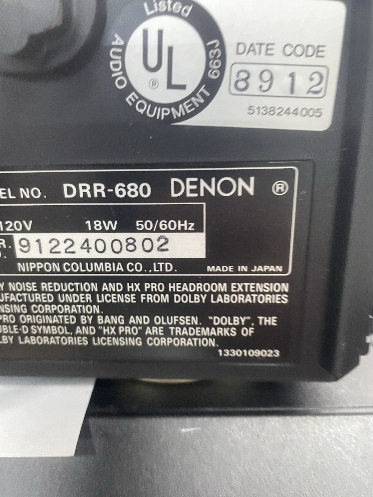 Denon Vintage Precision Component Stereo Cassette Deck Model No:  DRR-6808