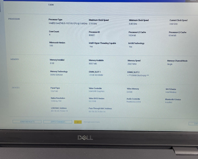 Dell Latitude 3510 15.6" i5-10210U 1.60 GHz 8 GB RAM No SSD/OS/AC/Batt