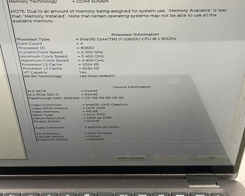 Dell Latitude 7410 14" i7-10610U 1.80 GHz 16 GB RAM No SSD/OS/AC - READ