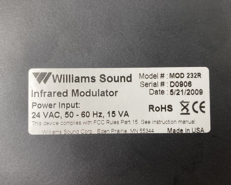 Williams Sound MOD 232 Two Channel Infrared System Modulator Untested