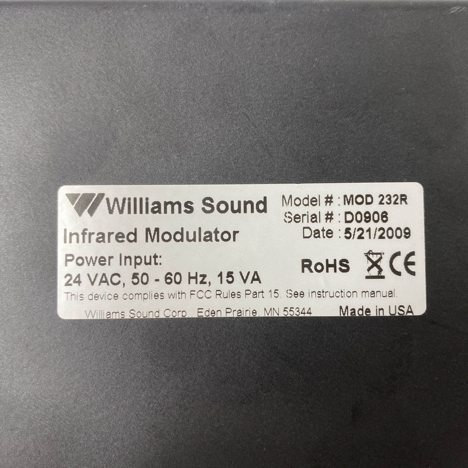 Williams Sound MOD 232 Two Channel Infrared System Modulator Untested