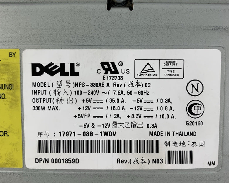 Dell NPS-330AB A Power Supply Input 100-240V Output 5V  - Untested