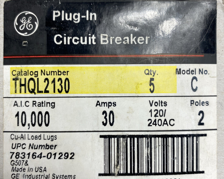 General Electric Model C THQL2130 30A 2 Pole Plug In Circuit Breaker Box Of 5