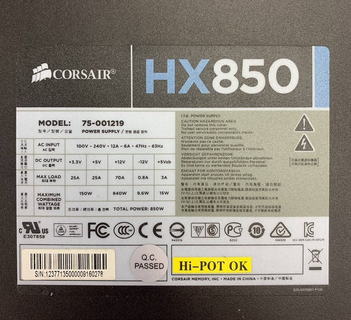 Corsair HX850 75-001219 850W Power Supply