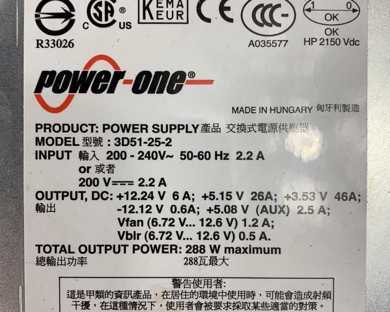 Power One 3D51-25-2 288W Power Supply