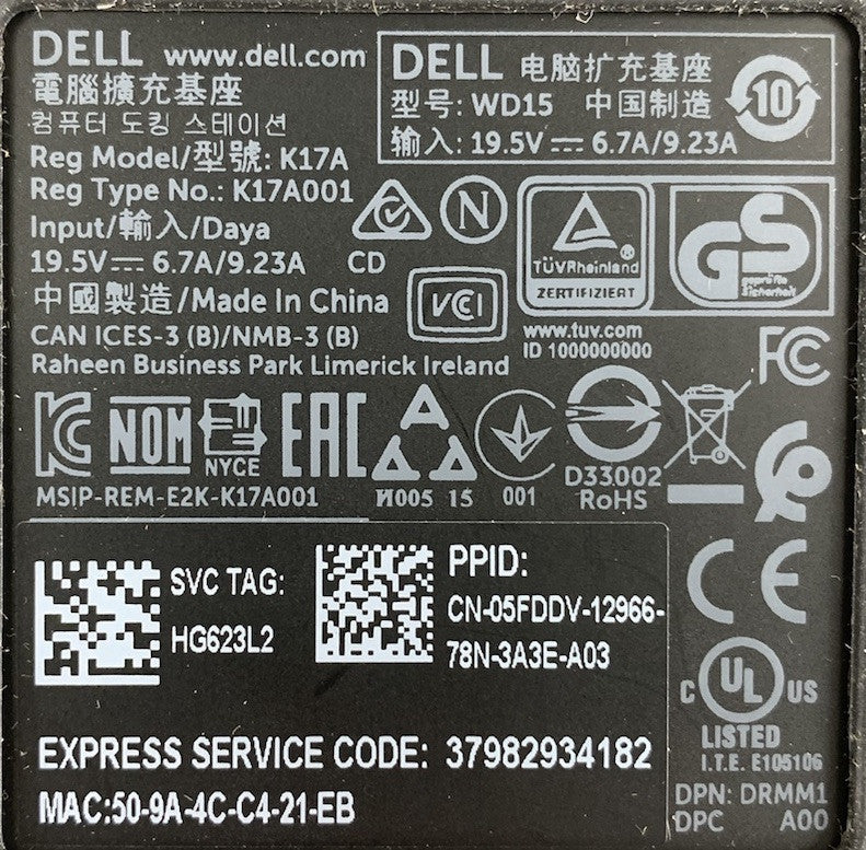 Dell WD15 K17A001 USB-C Docking Station (Lot of 2)