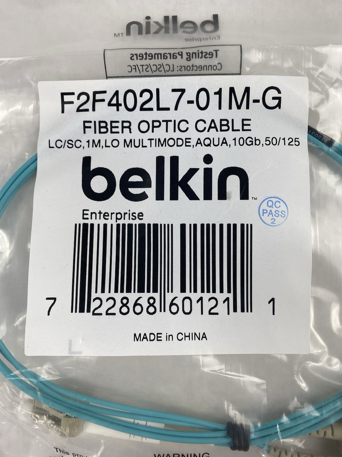 Belkin F2F402L7-01M-G  LC to SC 1M LO Multimode Aqua 10Gb Fiber Optic Cable
