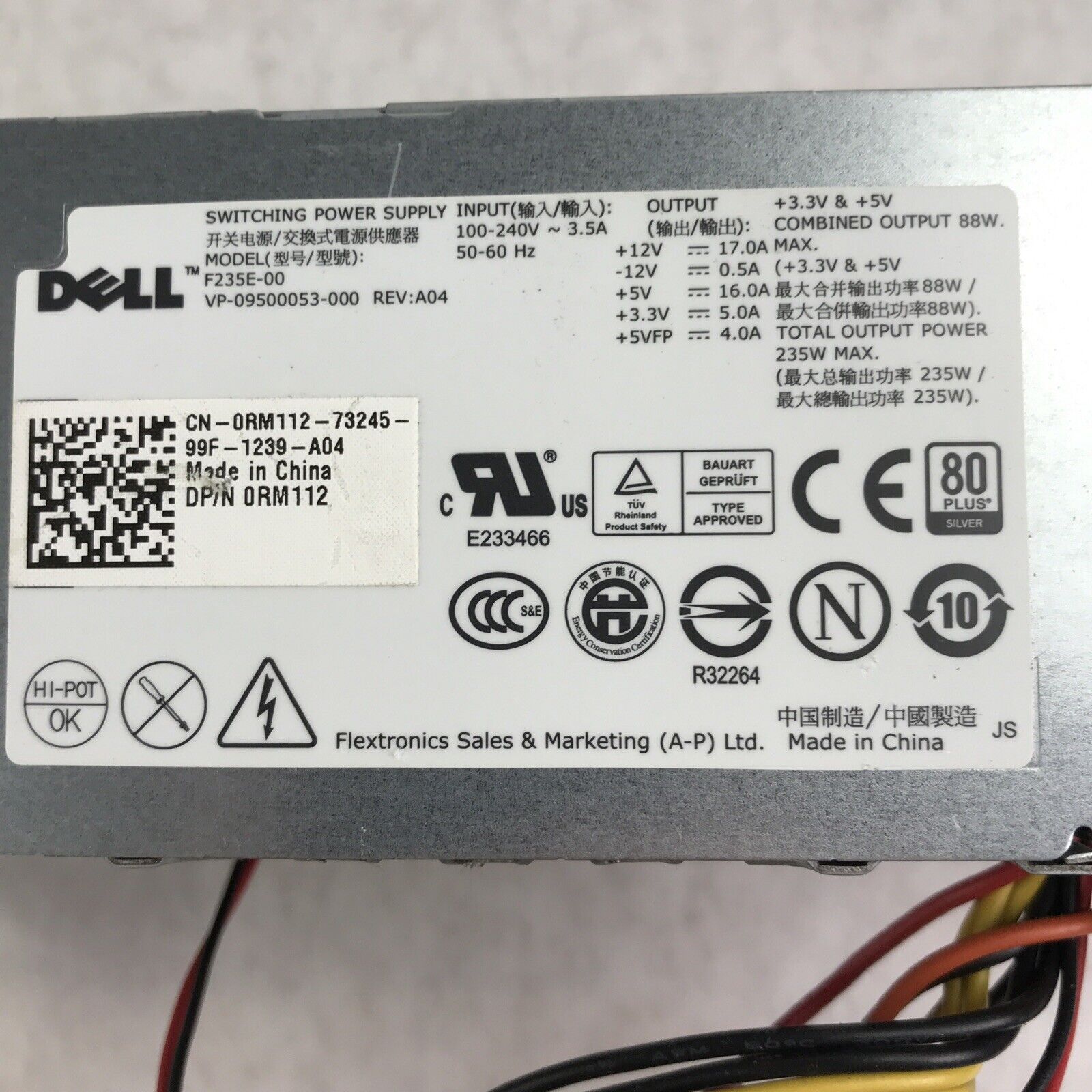 Dell RM112 60Hz 240V 3.5A 235W 24-Pin Switching Power Supply F235E-00