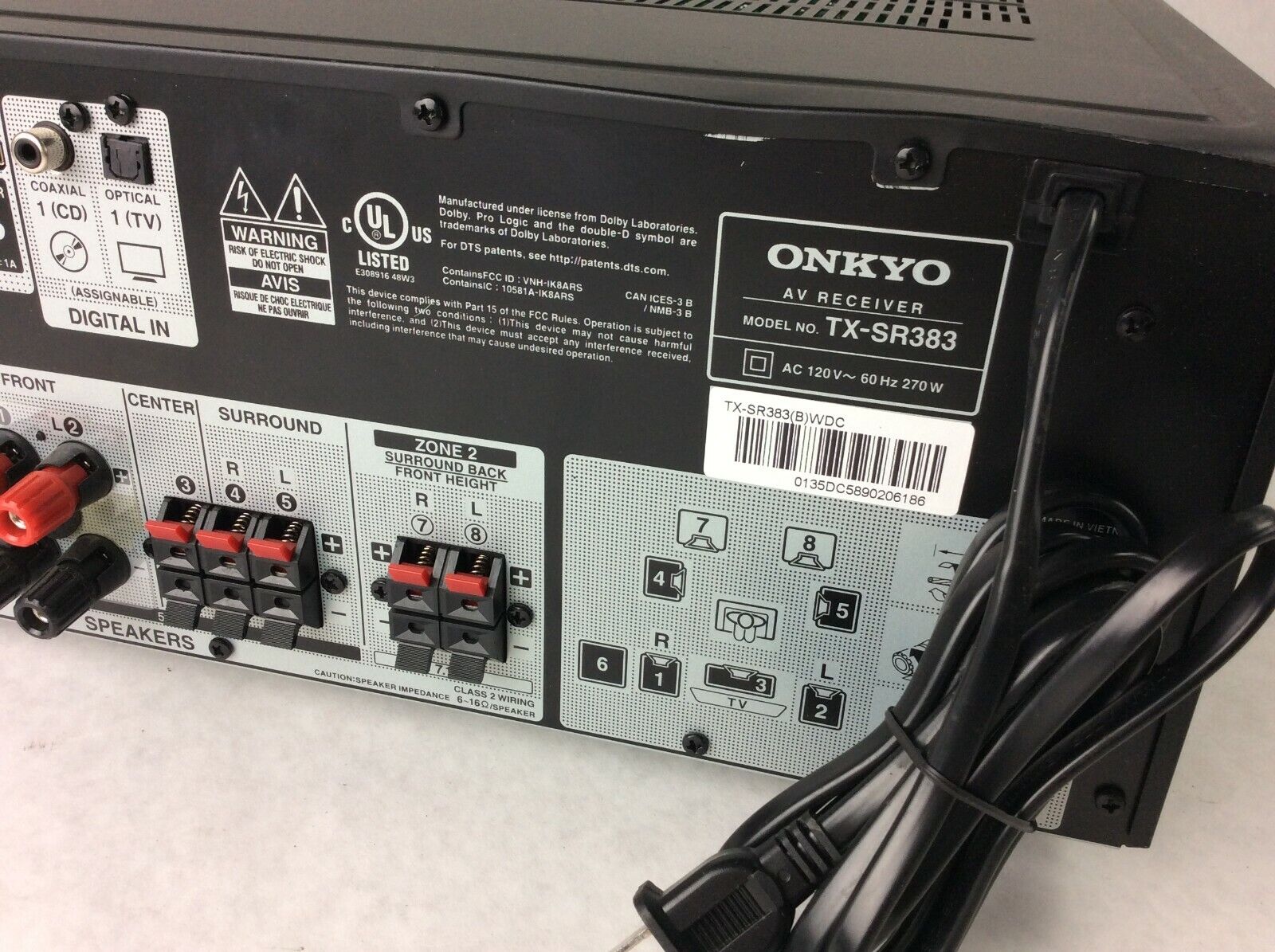 Onkyo TX-SR383 AV Surround Sound Receiver - Parts or Repair