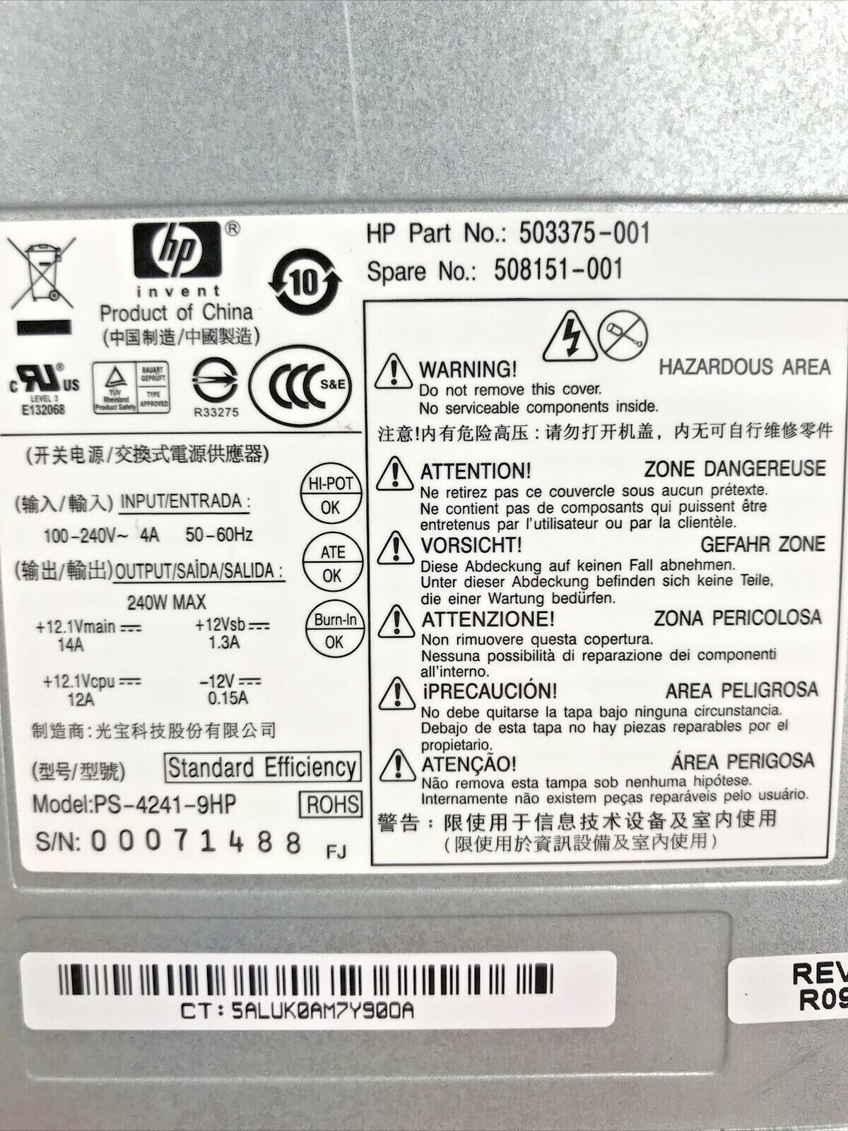 HP Compaq 240W Power Supply 8100 Pro SFF PS-4241-9HP 503375-001
