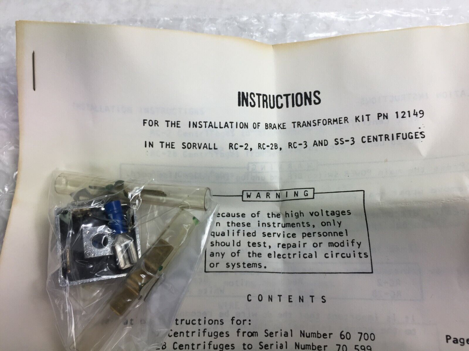 Sorvall Brake Transformer Kit for RC-2 RC-2B RC-3 SS-3 Centrifuges  P/N 12149