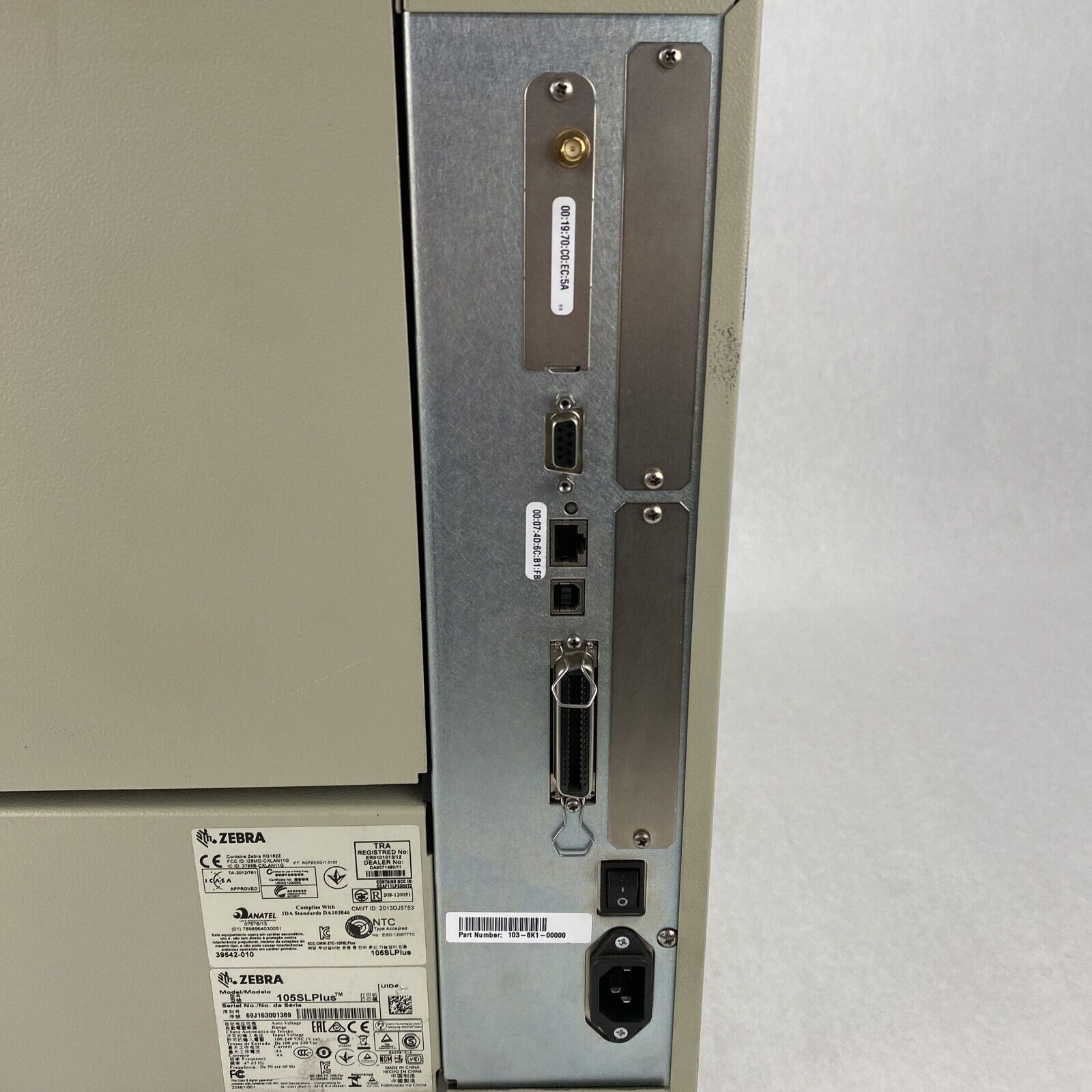 Zebra 105SL Plus Thermal Printer USB Serial Parallel Network Ports 103-8K1-00000