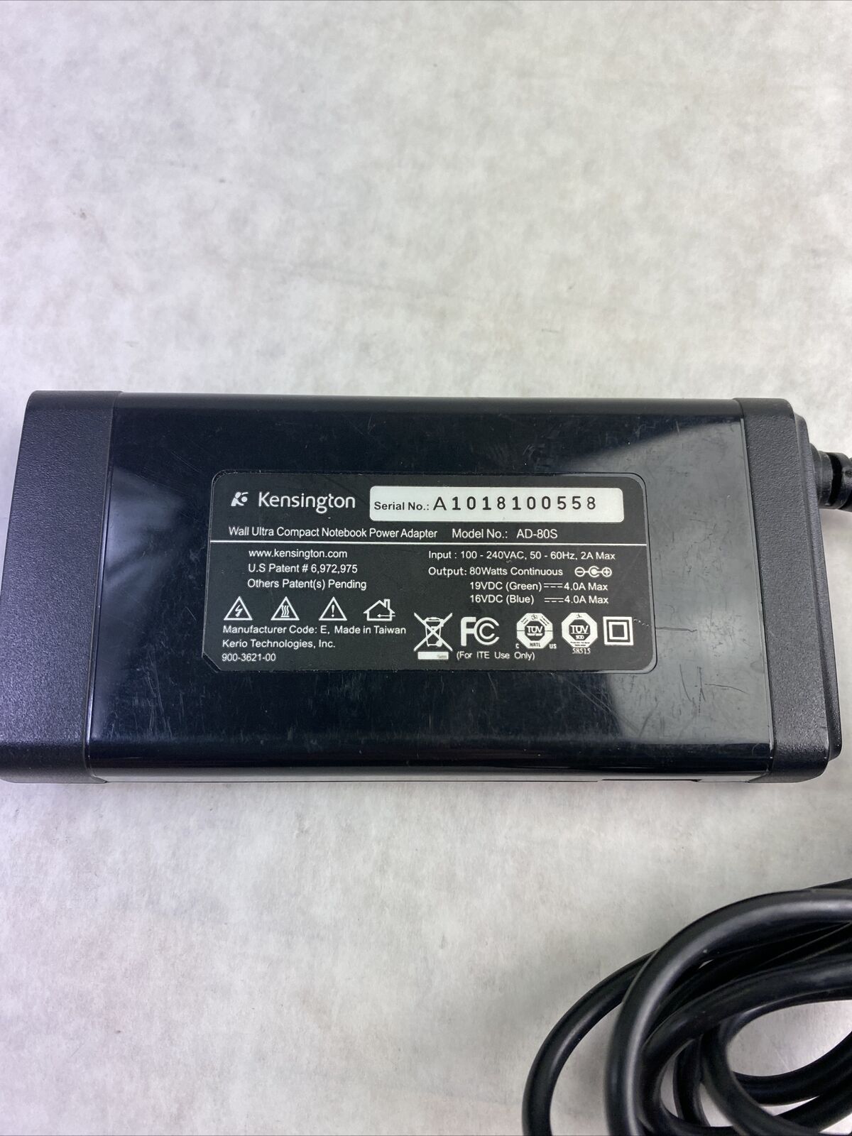 Kensington AD-80S AC/DC Power Supply Adapter with 19V Green Card and J Tip
