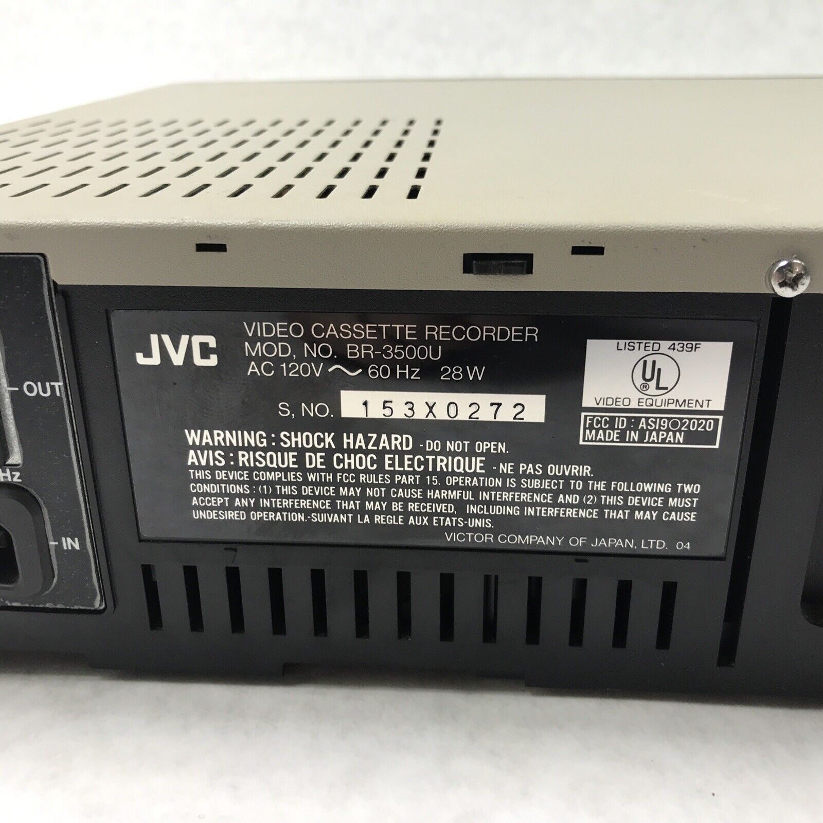 JVC Video Cassette Recorder BR-3500U VHS Player