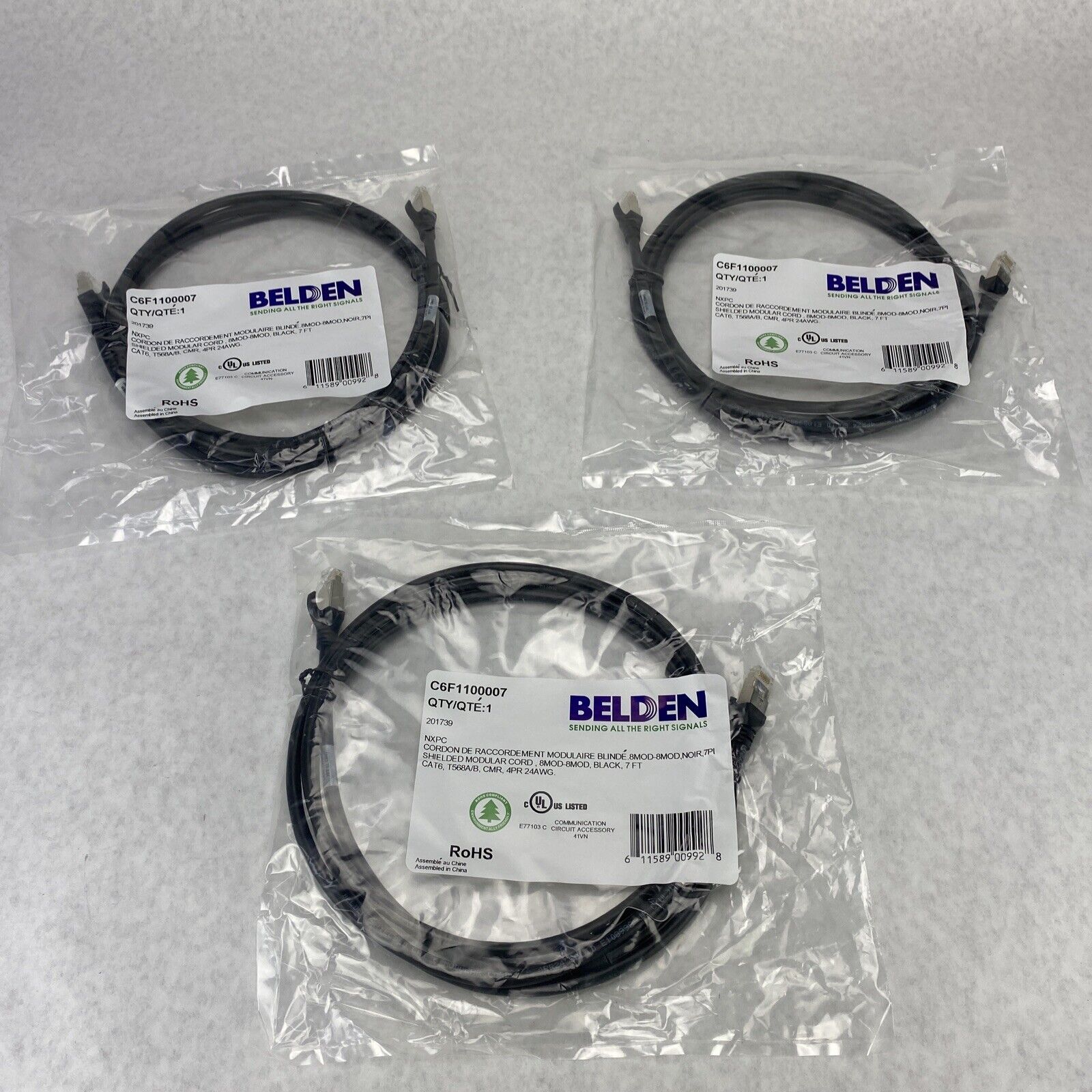 Lot of 3 Belden C6F1100007 Ethernet CAT6 Shielded Modular Cord 7ft Black 201739