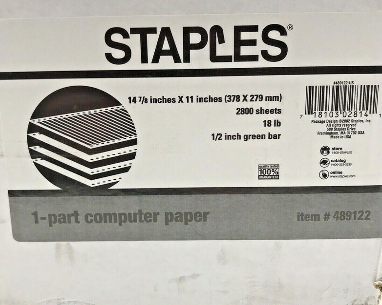Staples 14 7/8 x11 Inches 2800 Sheets 1/2 Inch Green Bar