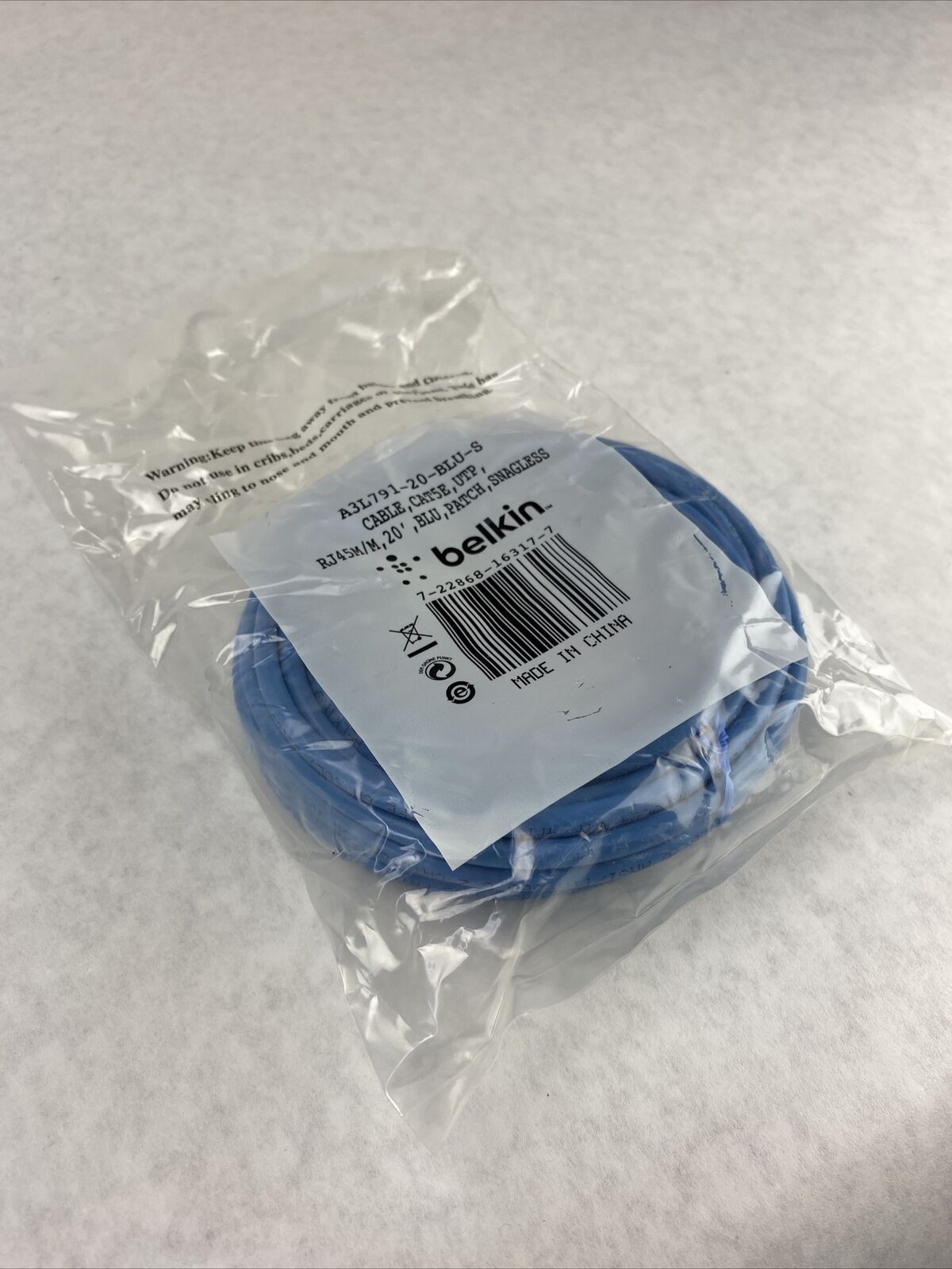 Belkin A3L791-20-BLU-S 20ft Cable Cat5e UTP RJ45 M/M Blue Snagless Patch Cable