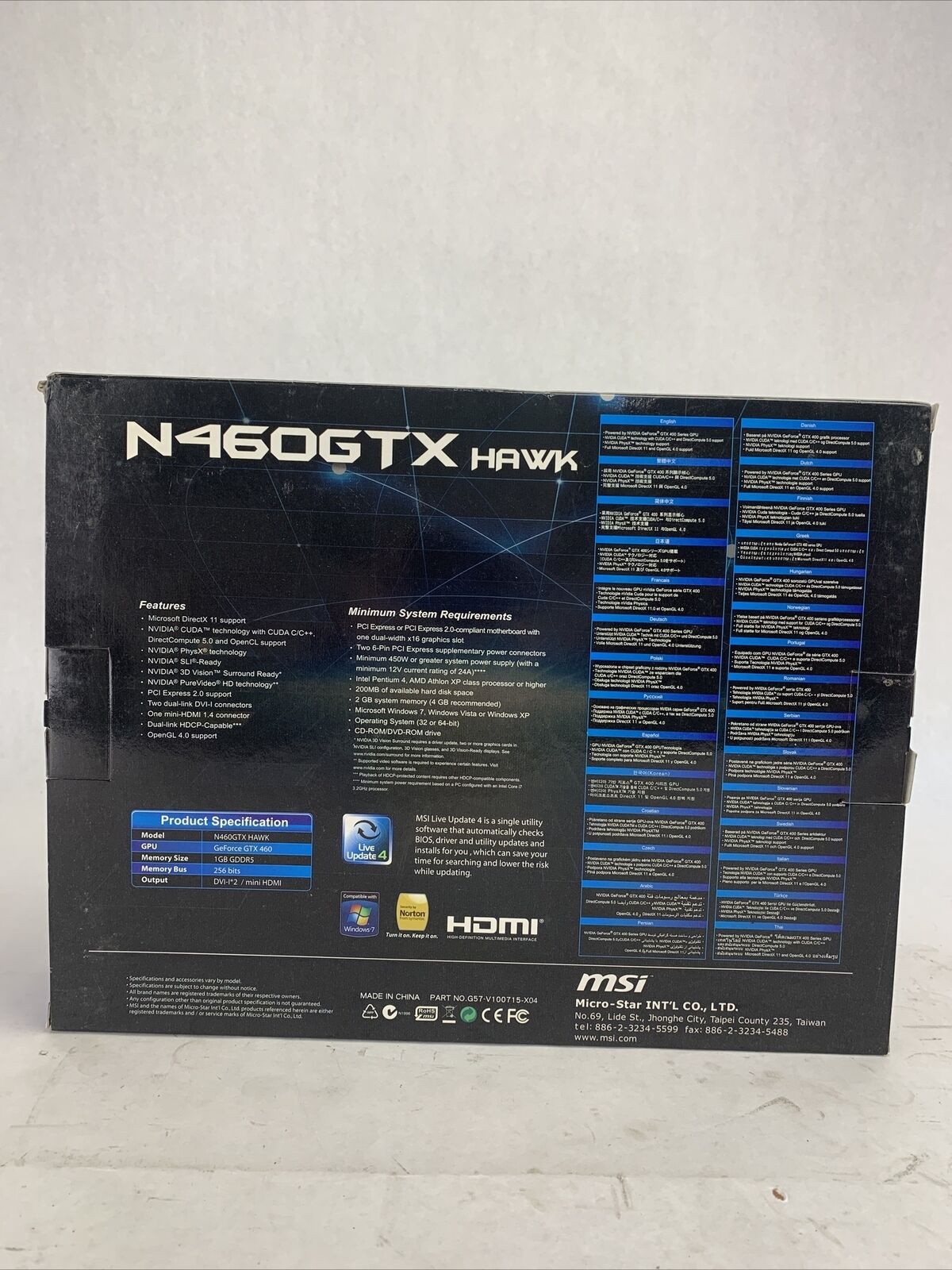 MSI GeForce GTX 460 HAWK Talon Attack 1GB GDDR5 PCI-E Graphics Card- N460GTX
