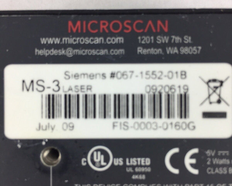 Microscan Siemens MS-3 Laser Barcode Scanner Reader 067-1552-01B
