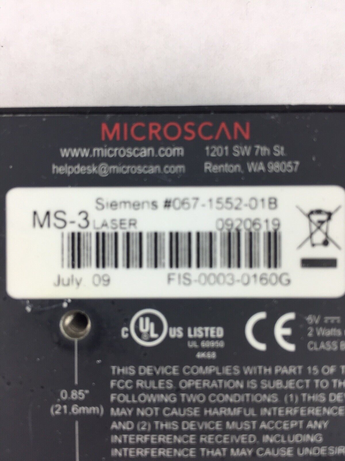 Microscan Siemens MS-3 Laser Barcode Scanner Reader 067-1552-01B