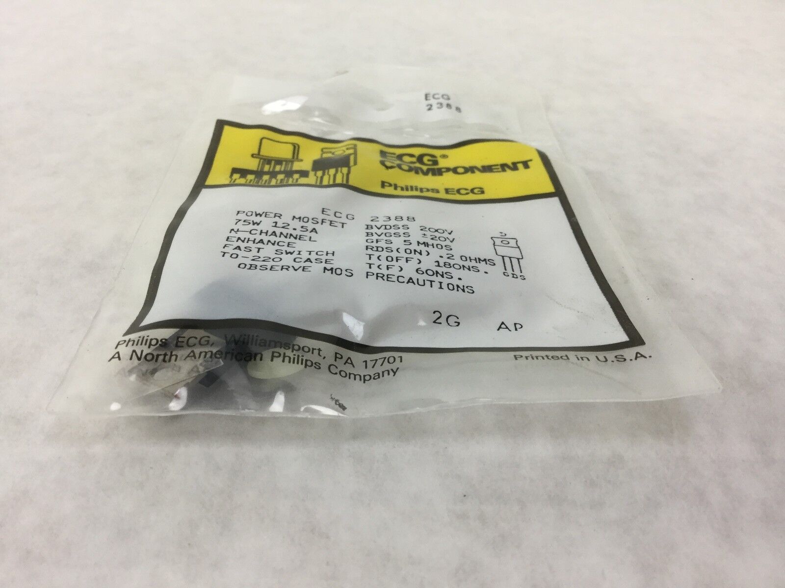 Philips ECG 2388 Transistor, PWR MOSFET, 75W 12.5A, NEW SEALED