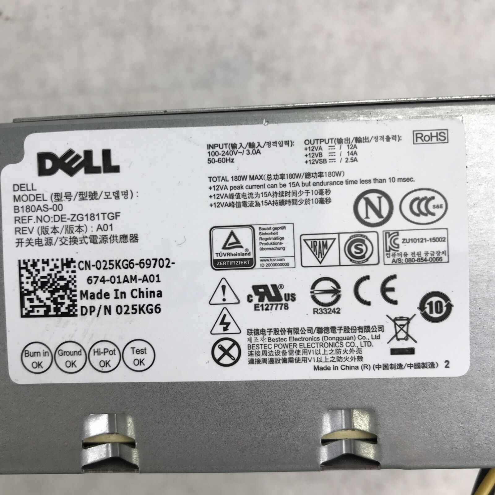 Dell 25KG6 180W 60Hz 240V 3.0A DE-ZG181TGF Power Supply B180AS-00