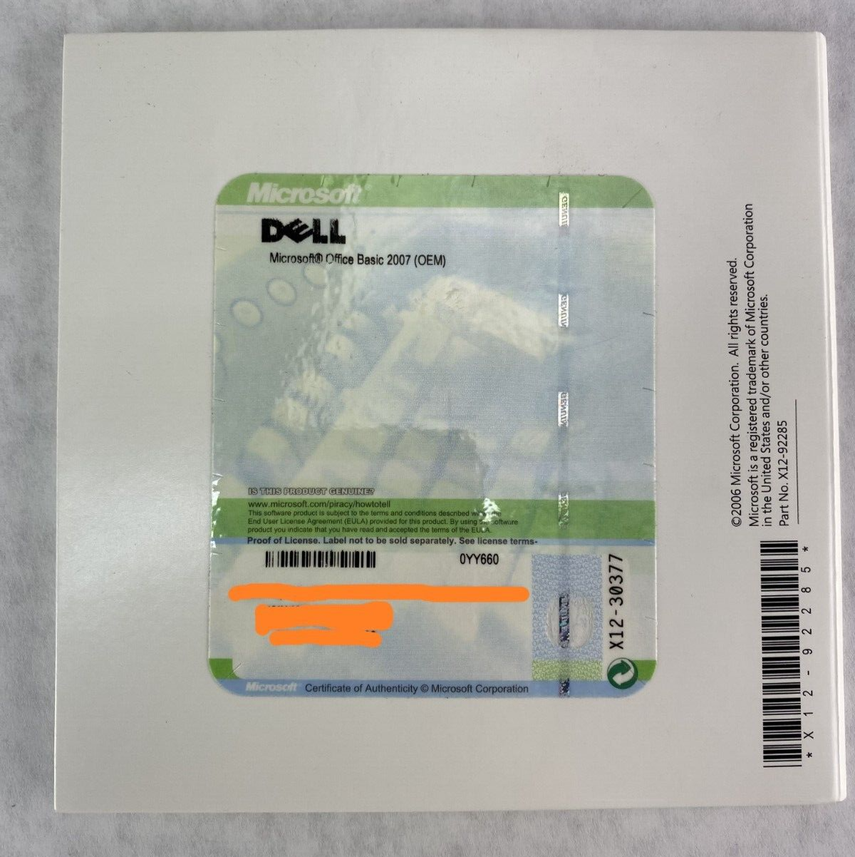 Microsoft Office 2007 Basic Edition BE UNSEALED English for Dell 0YY660 Windows