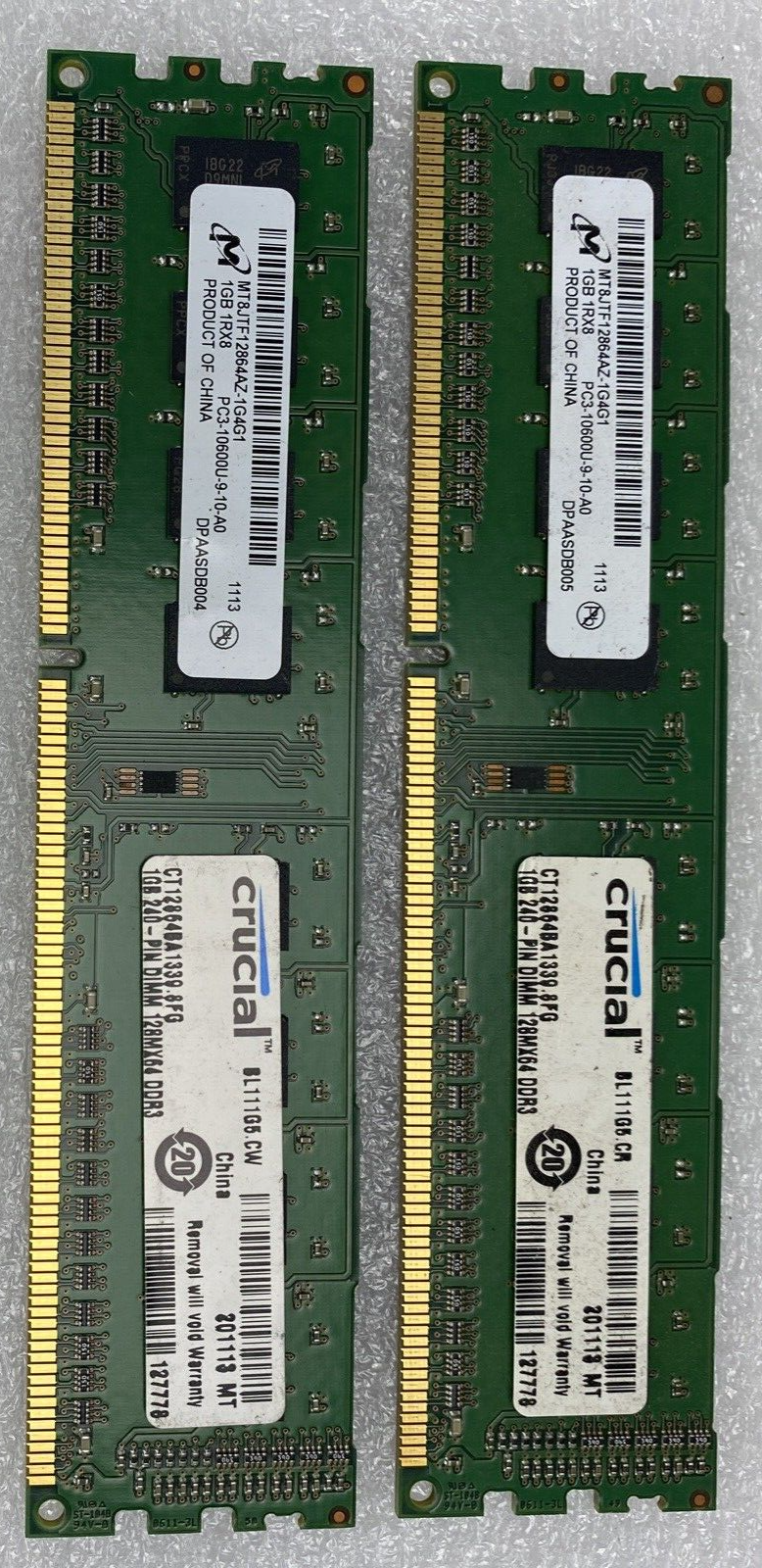 Lot( 2 ) 1GB Micron MT8JTF12864AZ-1G4G1 DDR3-1333 PC3-10600 Desktop Memory RAM