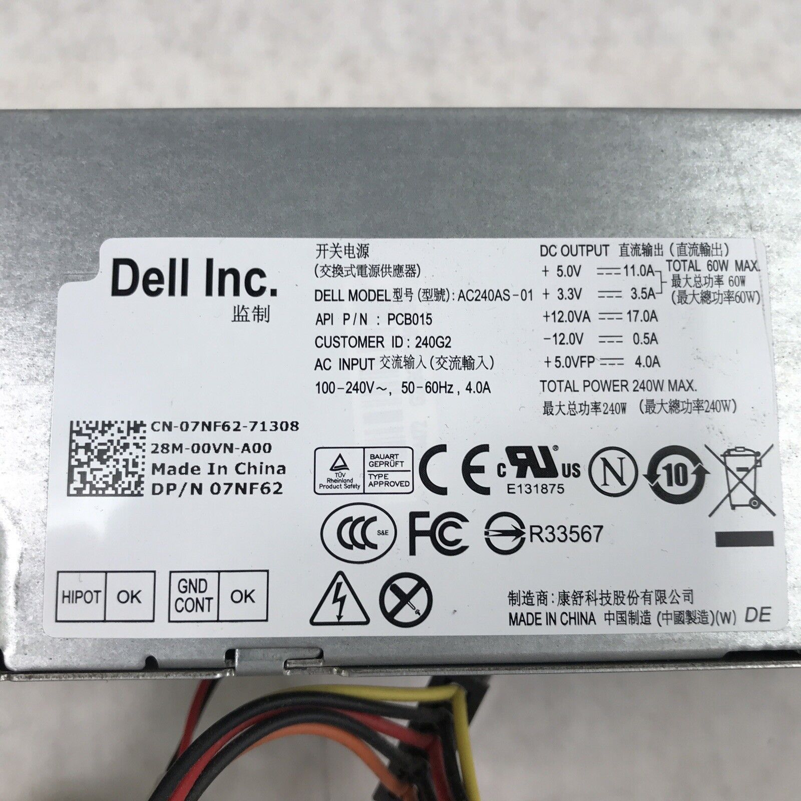 Power Supply 240W For Dell Optiplex GX790 GX990 SFF 7NF62 T5VF6 F79TD L240AS-00