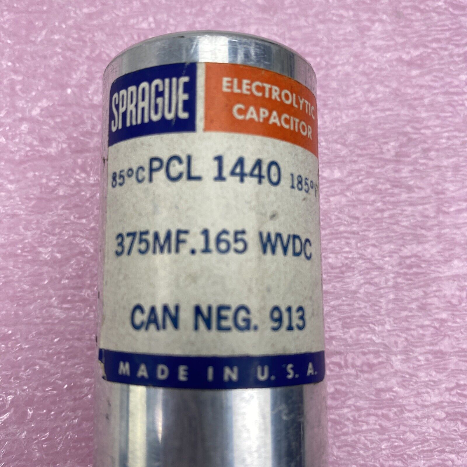 vintage Sprague PCL1440 375uF 165VDC electrolytic capacitor Can Neg. 913