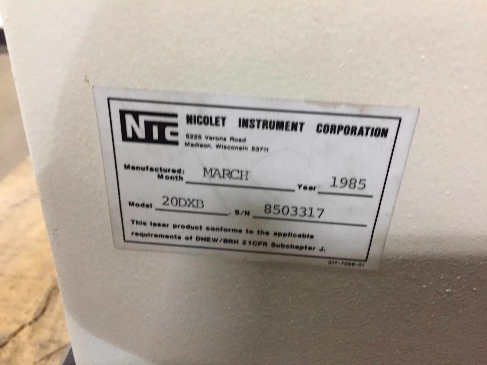Nicolet FTIR Spectrometer Model 20DXB S/N 8503317