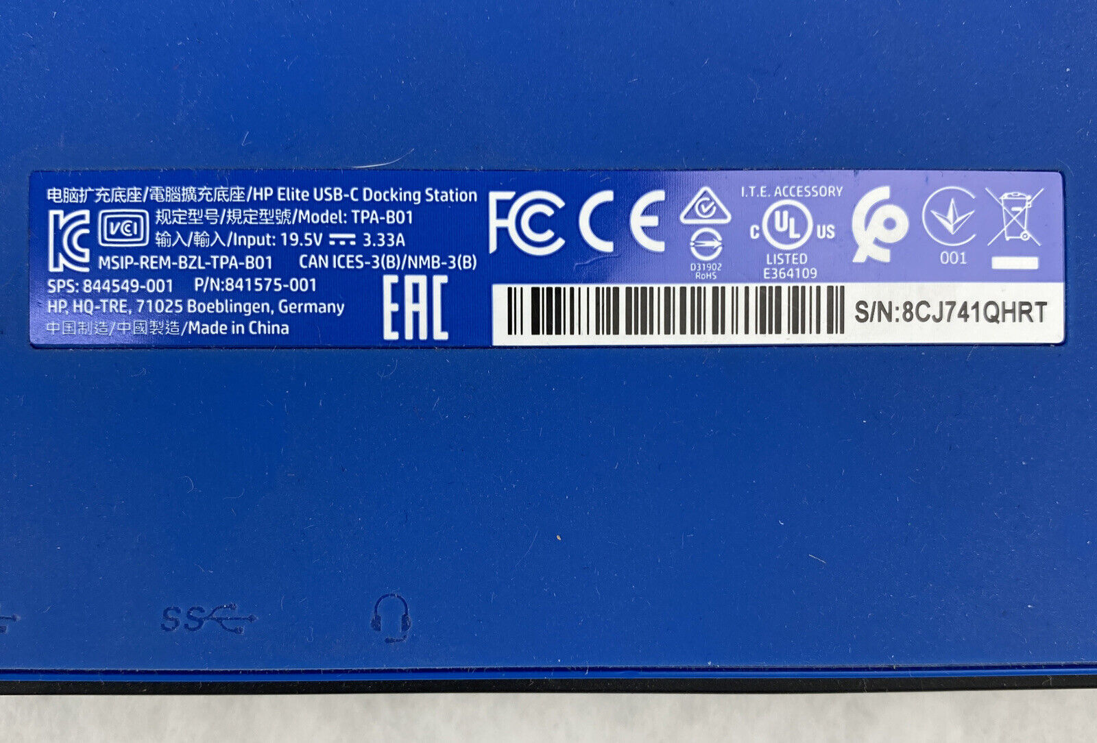 HP 841575-001  Elite USB-C Docking Station TPA-B01 NO POWER CORD