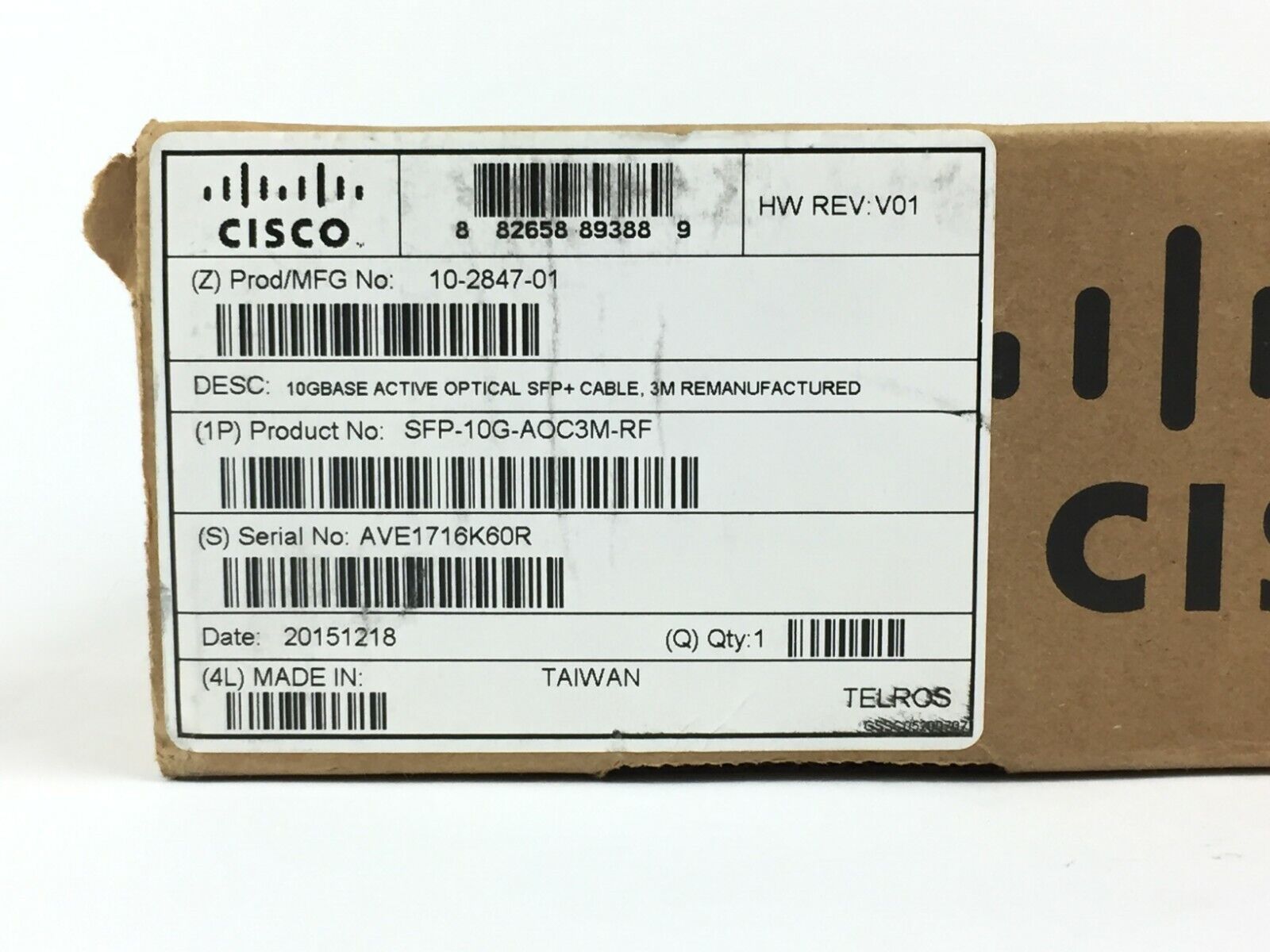 Recertified - Cisco SFP-10G-AOC3M=Fiber Optic Network Cable