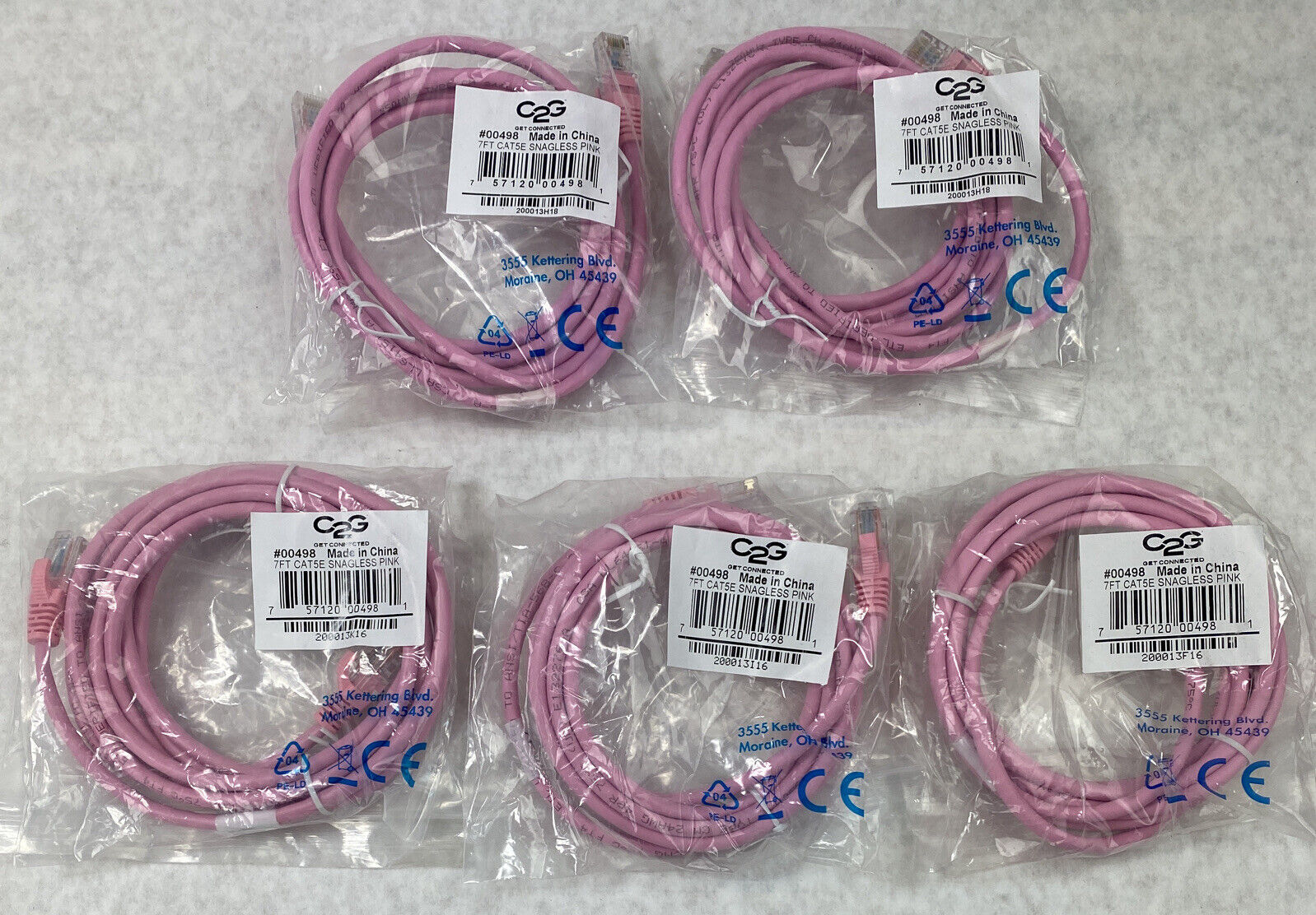 Lot( 5 ) 7ft Pink Cat5e C2G 00498 Snagless Unshielded UTP Ethernet Patch Cable