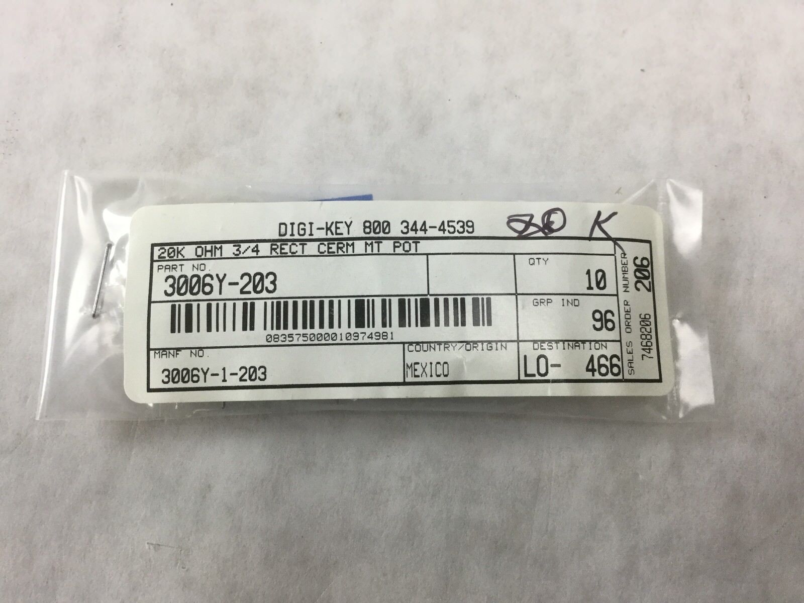 DIGI-KEY 20k OHM 3/4 Rect Cerm MT POT 3006Y-203 (Lot of 10)