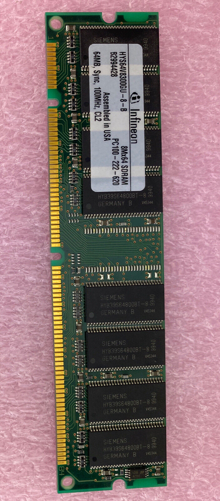 64MB Infineon HYS64V8300GU-8-B 168p PC100 CL2 100MHz 8Mx64 DIMM SDRAM USAmade