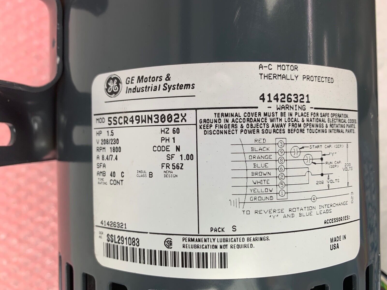 GE Motors & Industrial Systems 1800RPM A-C Motor 5SCR49WN3002X