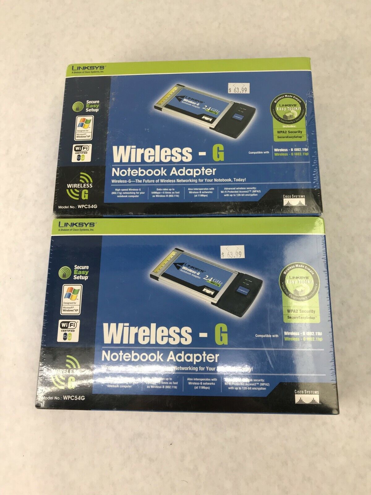 Lot of 2 Linksys Wireless G Notebook Adapter Cisco Systems WPC54G Factory Sealed