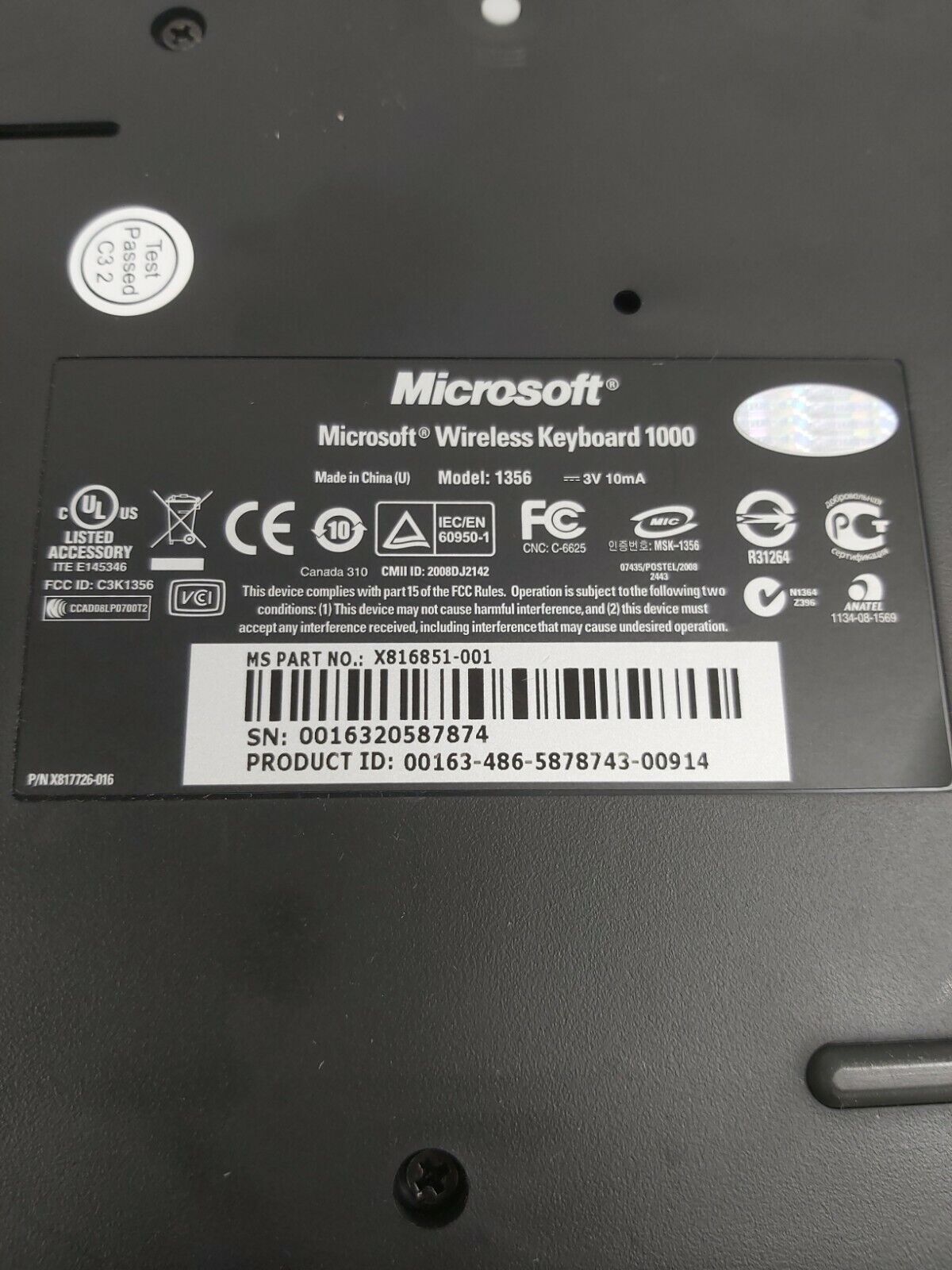 Microsoft Wireless Keyboard 1000 Model 1356 NO RECEIVER