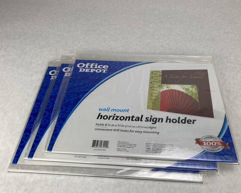 Lot of 3 Office Depot Wall Mount Horizontal Sign Holder 8 1/2 in x 11 in - New
