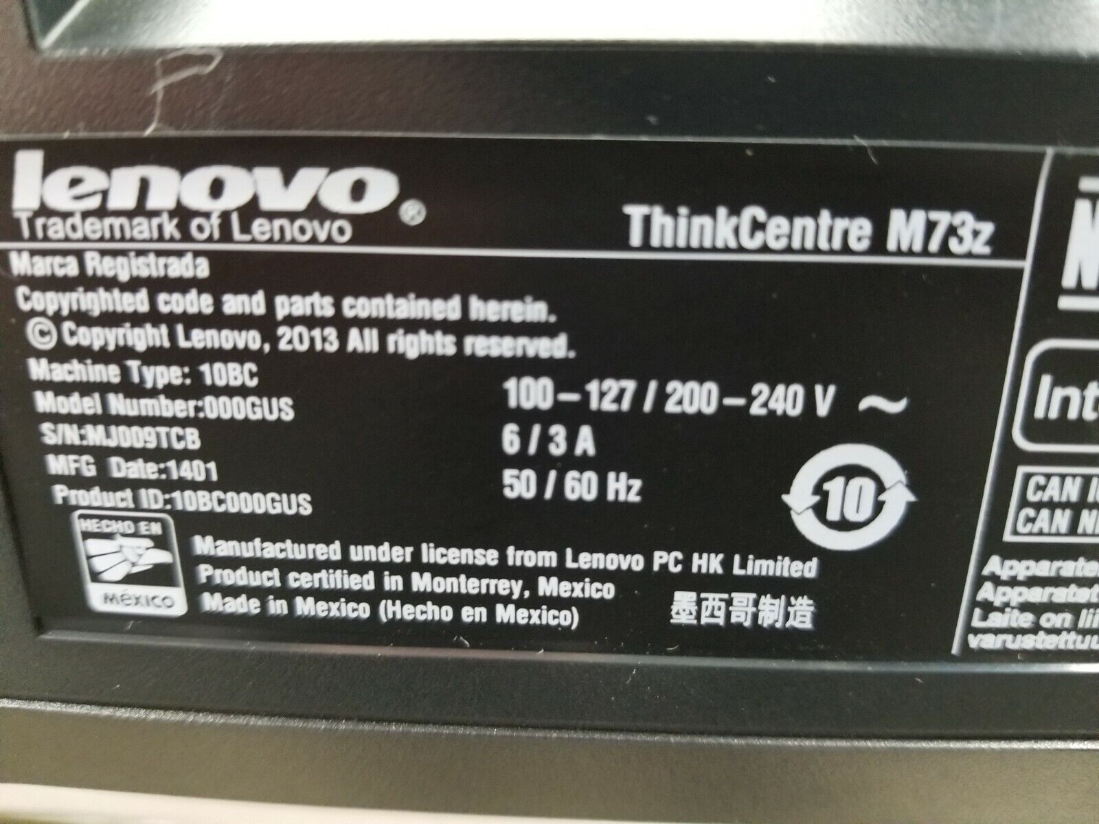 Lenovo ThinkCentre M73z 20" AIO Intel Pentium G3220 3.0GHz 4GB RAM No HDD No OS