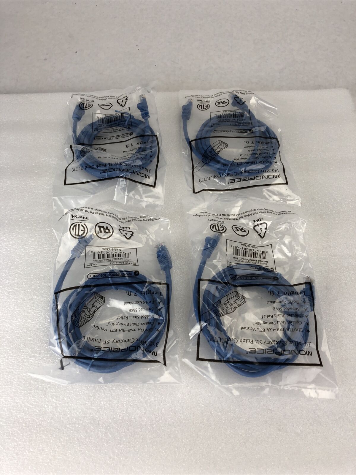 Lot of 4 Monoprice Blue 7ft 5E Ethernet Patch Cord (UTP) - RJ45 350Mhz