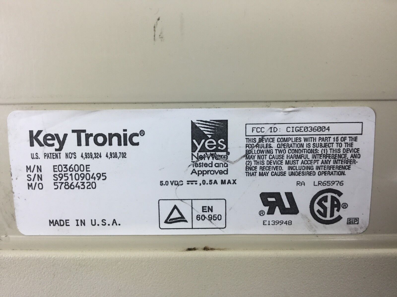 Key Tronic Key Board E03600E, 5 Pin Din