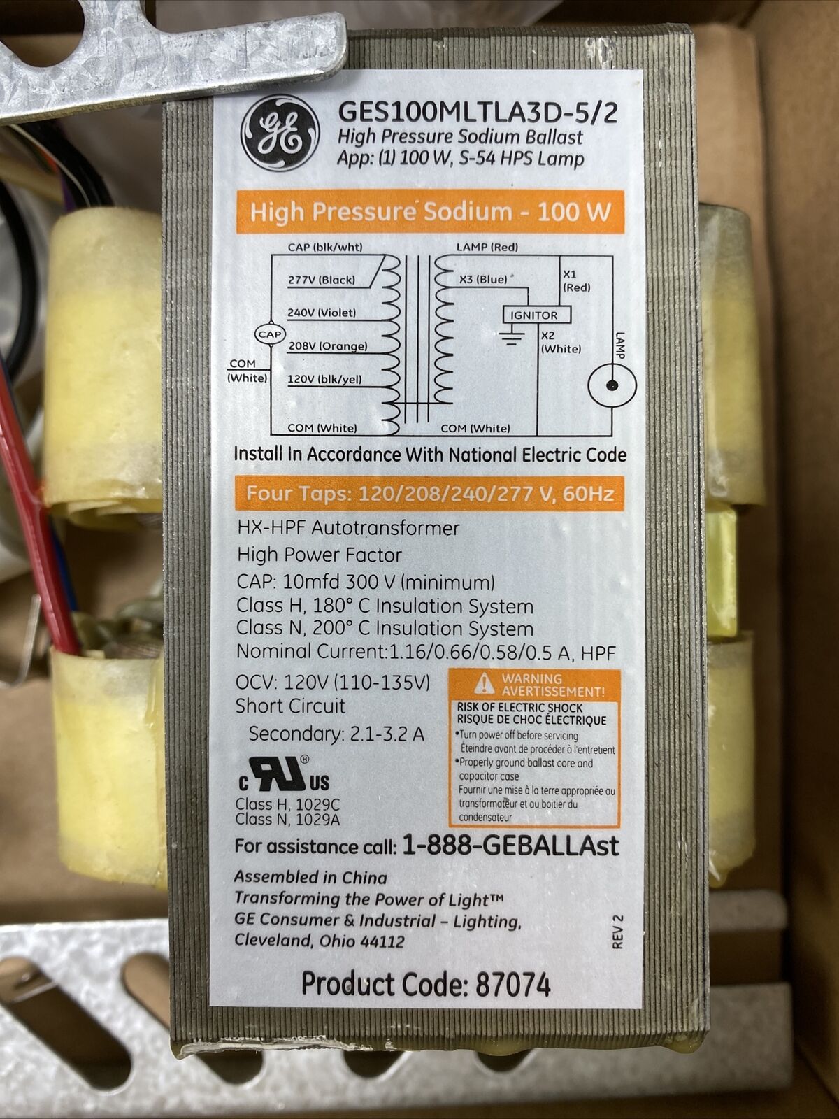 General Electric GES100MLTLA3D-5/2 High Pressure Sodium Ballast 120/208/240/277V