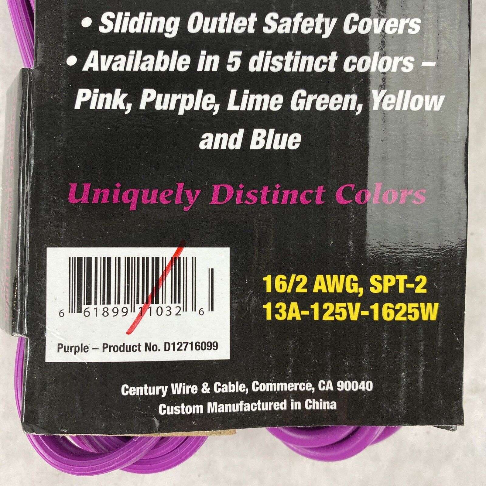 Century Wire Pro Glo 9ft Household Extension Polarized AC Power Cord Purple